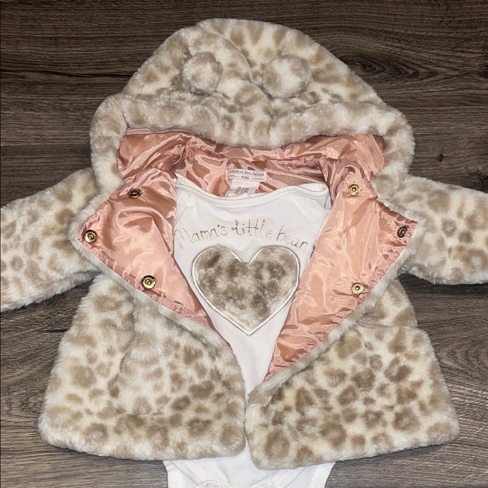 Catherine Malandrino Leopard Print Faux Fur Baby Coat with Onesie size 6-9mo